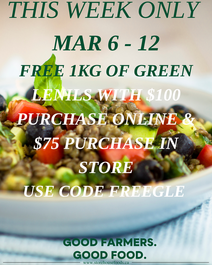We are proud to support our local farmers and to offer a product that is healthy, delicious, and sustainable.

With all orders this week over $100, receive a free 1kg bag of these green lentils!

Try our Alberta grown green lentils today and taste the difference for yourself.