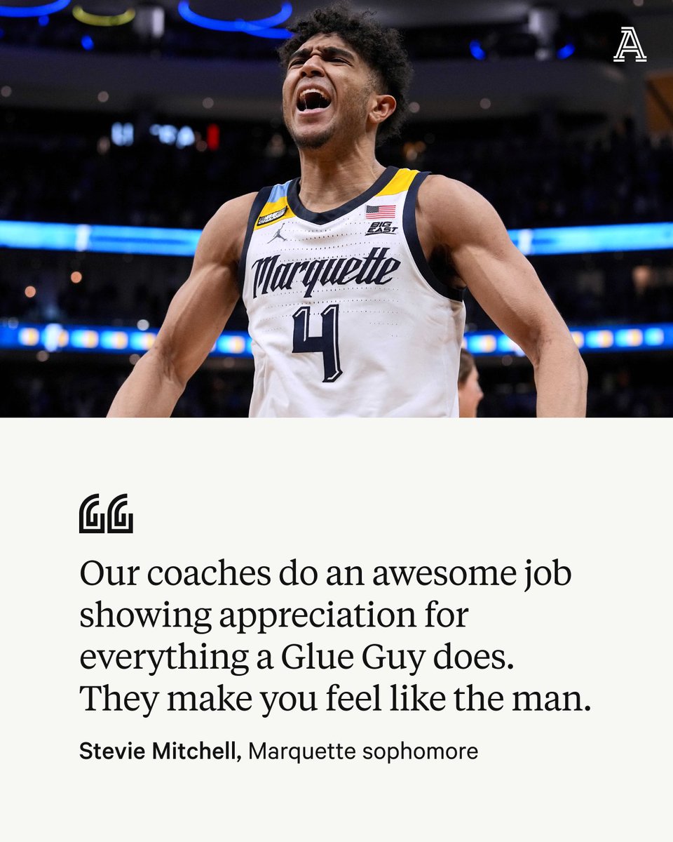 TheAthleticCBB's tweet photo. At most places, the Glue Guy is appreciated. 

At Marquette, Stevie Mitchell is celebrated.

“This team would be nowhere near where it is if it wasn’t for Stevie.”

@SethDavisHoops reveals his 2023 All-Glue Team: https://t.co/tWLMigf7EA https://t.co/9KFUzYZjxV