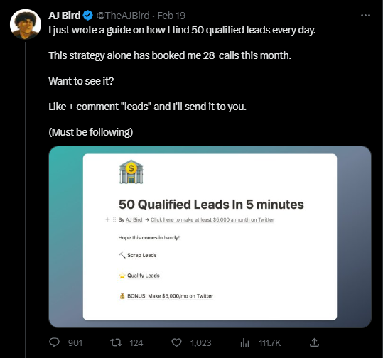 This tweet made me $5,000 in MRR.

How?

- Strong hook 
- Personal results claim
- Free guide access
- Offer shown for 111,000 people to see

This only took me an hour to write too.