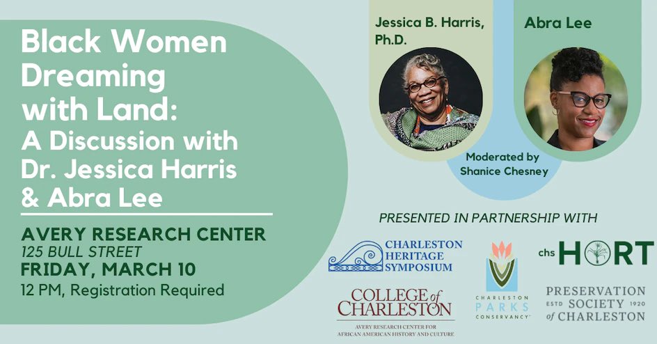 Join us on live stream this Friday at noon for a unique conversation between Dr. Jessica B. Harris &amp; Abra Lee (<a href="/ConquerTheSoil/">Abra Lee</a>) 

Sponsored by the Preservation Society of Charleston, the Charleston Heritage Symposium <a href="/avery_tweets/">AveryResearchCenter</a> 
<a href="/CharlestonParks/">ChasParksConservancy</a> <a href="/CHShorticulture/">Horticulture Club</a> #ChsNews