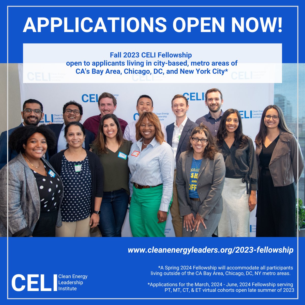 CELI 2023 #Fellowship applications are open - and we encourage everyone to apply under the Mar 15 deadline. Fall 2023 Fellowship serves city-based cohorts in CA's Bay Area, Chicago, DC, and New York City!  #CELI #energyleaders #cleanenergy #cleantech