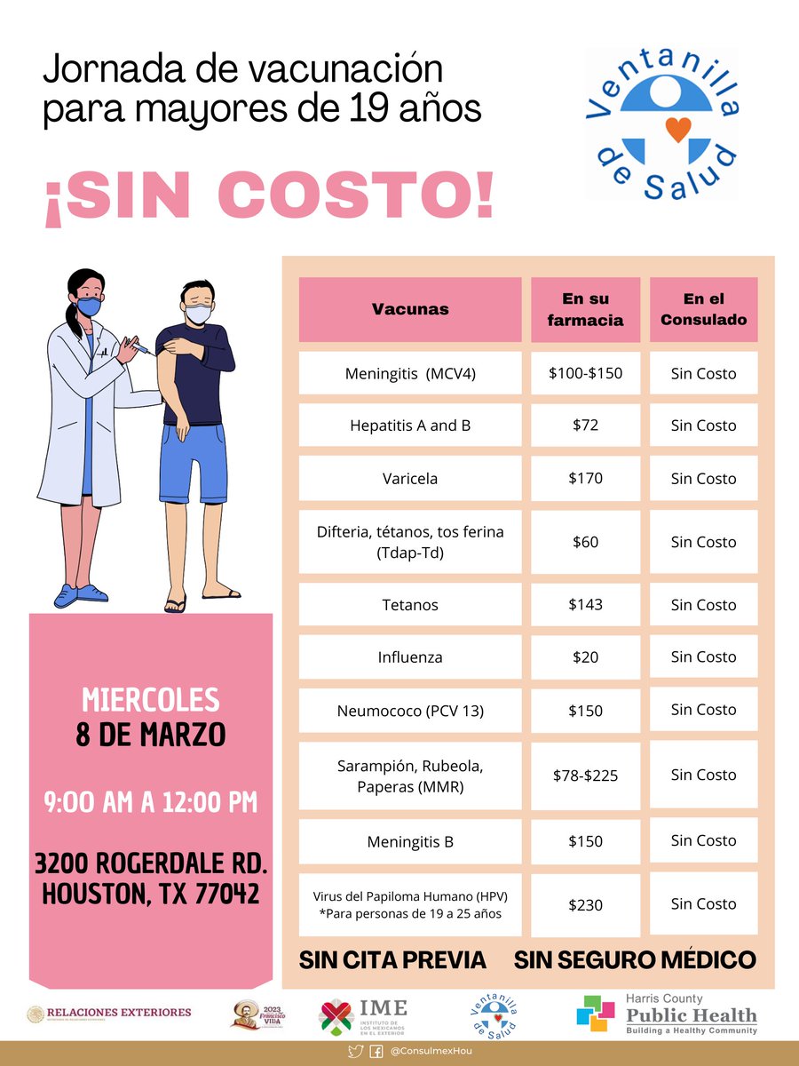 Si tienes más de 19 años y no cuentas con seguro médico, visita la #VentanillaDeSalud este 8 de marzo de 9 am a 12 pm y vacúnate de forma gratuita. ¡No se requiere cita!