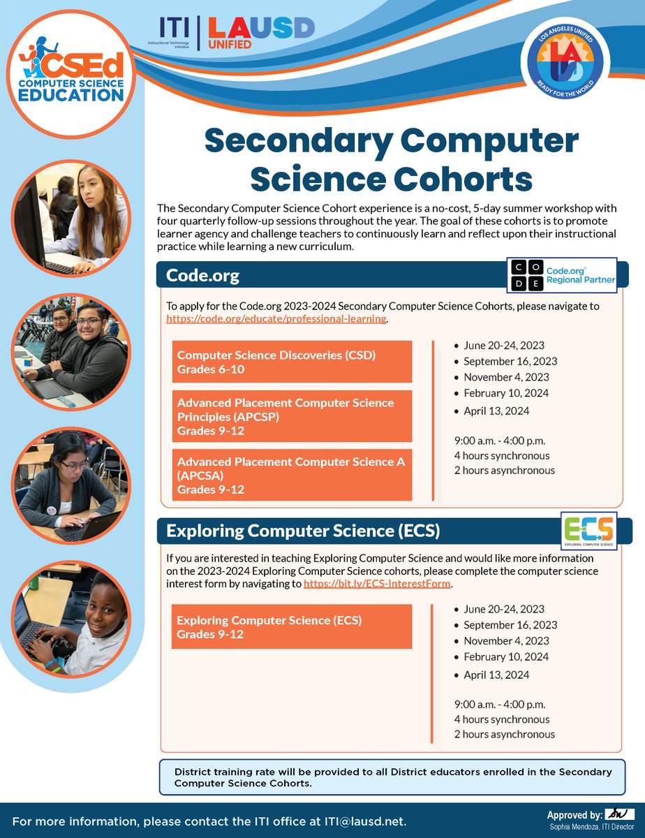 Instructional Technology Initiative (@iti_lausd) on Twitter photo ATTN: <a href="/LASchools/">Los Angeles Unified</a> Middle & High Schools planning for the 23-24 school year:
Interested in offering Computer Science Discoveries at your middle school, or Exploring CS or Advanced Placement CS at your high school?
Join our Secondary CS Cohorts: achieve.lausd.net/Page/16711
#CS4LAUSD ATTN: <a href="/LASchools/">Los Angeles Unified</a> Middle & High Schools planning for the 23-24 school year:
Interested in offering Computer Science Discoveries at your middle school, or Exploring CS or Advanced Placement CS at your high school?
Join our Secondary CS Cohorts: achieve.lausd.net/Page/16711
#CS4LAUSD