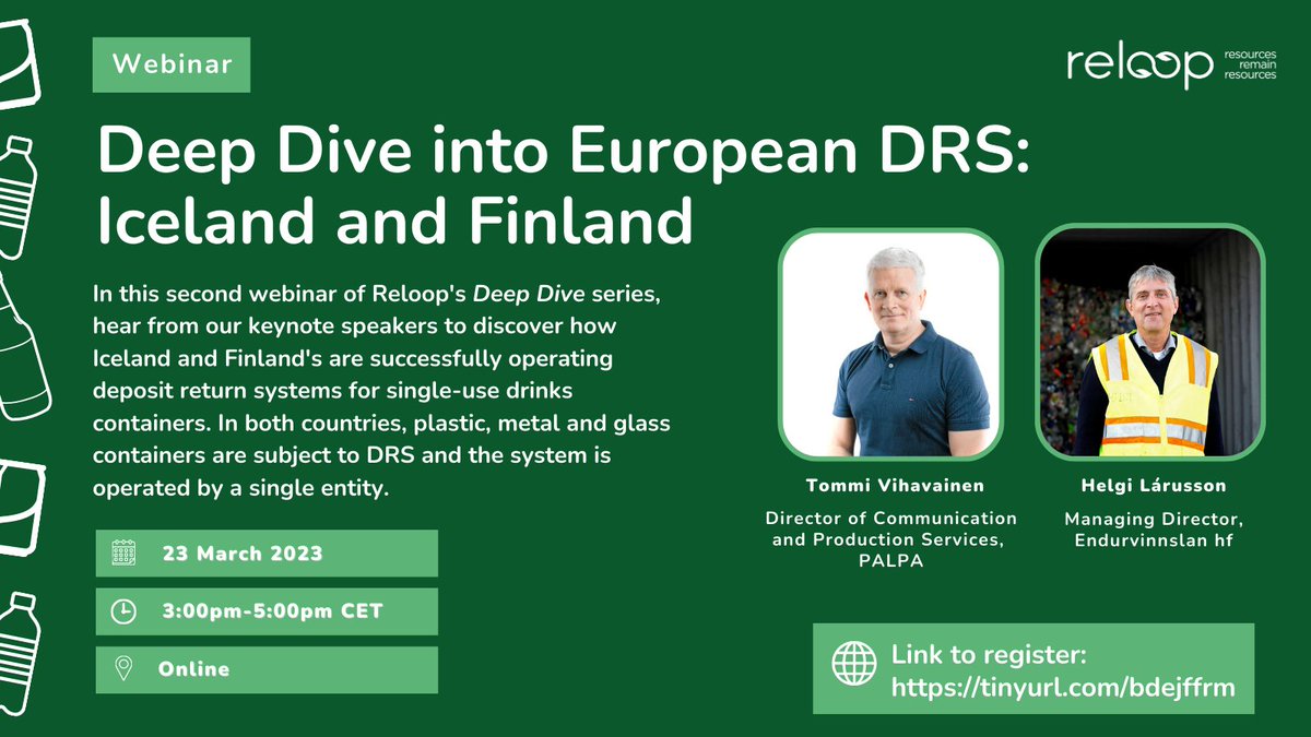 reloop_platform's tweet photo. Join us for the second webinar in Reloop's Deep Dive into European DRS series, as we explore the #DepositReturnSystems in Iceland & Finland and hear directly from the system operators 🇮🇸🇫🇮
🗓️Happening March 23 @ 3pm CET
Register now to secure your spot! https://t.co/wCbtTvpJKH https://t.co/nSacYBfbCS