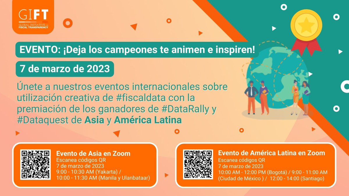 FiscalTrans's tweet photo. #ODD2023🎉
EVENTO: ¡Deja los campeones te animen e inspiren! Únete a nuestros eventos internacionales sobre utilización creativa de #fiscaldata con la premiación de los ganadores de #DataRally y #Dataquest de Asia y América Latina.

¡No te lo pierdas! Mas info👇 https://t.co/2Jn32wrk5S