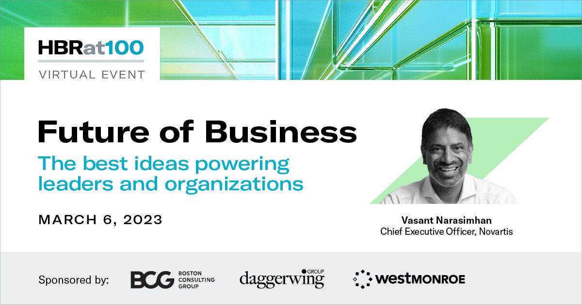 About to go live #HBRat100. Looking forward to an energizing conversation about the future of business and @Novartis's important role in the next generation of health. Thanks for having me, @HarvardBiz.