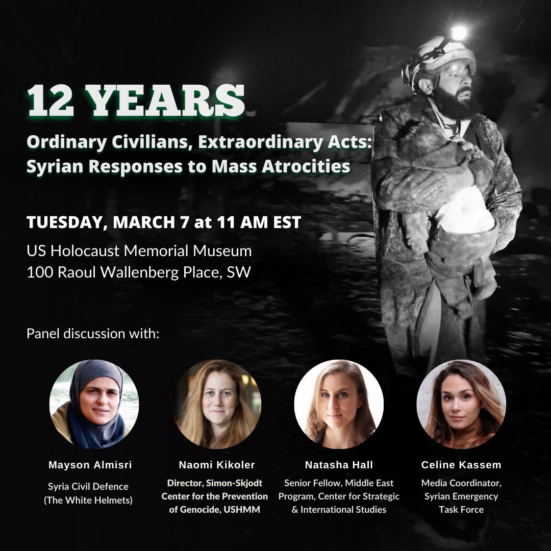 syrianetf's tweet photo. Join us TOMORROW for a discussion with Syrian civil society members on how Syrians, especially women, are responding to mass atrocities today and how the world can best support them.

Hosted by @CPG_USHMM @the_whitehelmets @syrianetf 

Register: https://t.co/jLjluGV0lM https://t.co/1oUpu6sCpu