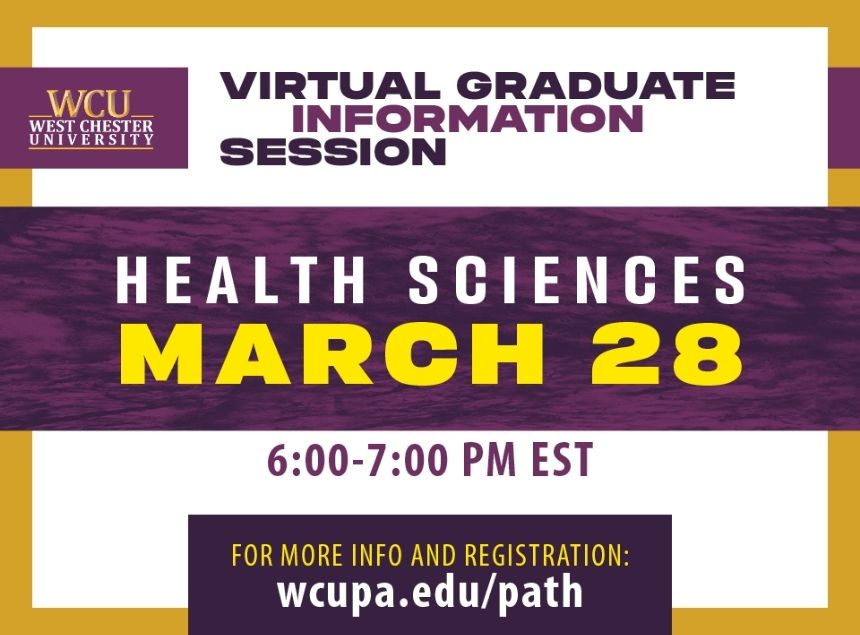WCUofPA's tweet photo. Explore the graduate programs in the College of Health Sciences during the Virtual Graduate Info Session on Tuesday, March 28. @chswcupa
Register: https://t.co/tb6fPE1Cpe
#gradschool #masters #gradwcu #nursing #athletictraining #nutrition #wcuevent https://t.co/yKKXACcxMz