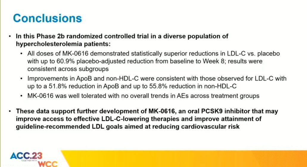 Breaking: Oral PCSK-9 inhibitor is effective with 60% LDL lowering without important side effects in a short 8 weeks fase 2 study
#ACC23 #pcsk9 #MK0616 #oral #Latebreaking #trial