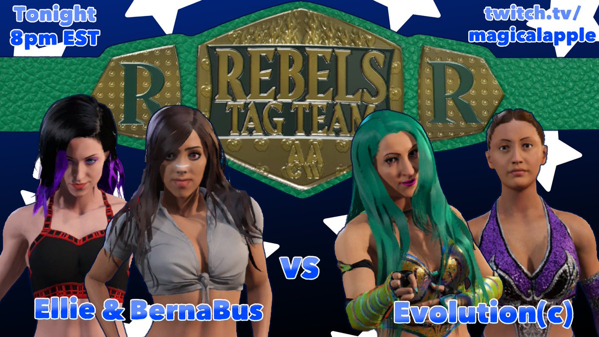 MagicalApple90's tweet photo. 🚨BREAKING NEWS🚨

After defeating the Rebels Tag Team Champions last week, Ellie Manson &amp; BernaBus The Destroyer will face Evolution again tonight!

This time however, the Rebels Tag Team Championship will be on the line!

Pre-Show starts at 8pm EST!

🍎https://t.co/f4PE8N3P1h🍎 https://t.co/BeJ2ecHZmR