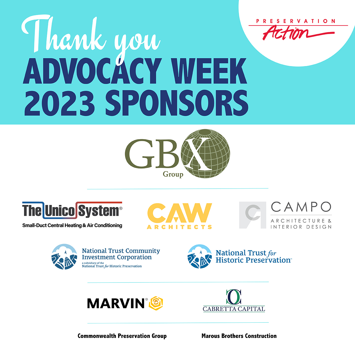 Preservation Action (@preservationact) on Twitter photo As Advocacy Week kicks off, we'd like to thank our generous sponsors for helping make the event possible! We are grateful. GBX Global, The Unico System, <a href="/CAWArchitects/">CAW Architects, Inc.</a>, <a href="/Campo_Arch_ID/">Campo Architecture & Interior Design</a>, National Trust Community Investment Corp., <a href="/SavingPlaces/">Saving Places</a>, @TheMarvinBrand, Cabretta Capital, As Advocacy Week kicks off, we'd like to thank our generous sponsors for helping make the event possible! We are grateful. GBX Global, The Unico System, <a href="/CAWArchitects/">CAW Architects, Inc.</a>, <a href="/Campo_Arch_ID/">Campo Architecture & Interior Design</a>, National Trust Community Investment Corp., <a href="/SavingPlaces/">Saving Places</a>, @TheMarvinBrand, Cabretta Capital,