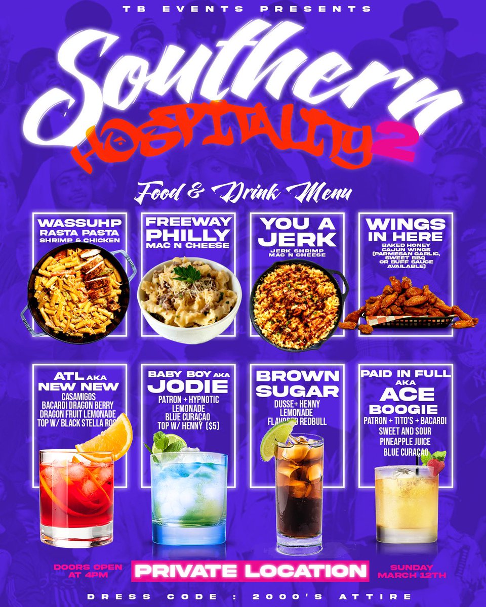 Don’t be that “i should’ve went” person! We vibing Sunday 😎😎

SOUTHER HOSPITALITY 2000s MIX

southernhospitality2k23.eventbrite.com