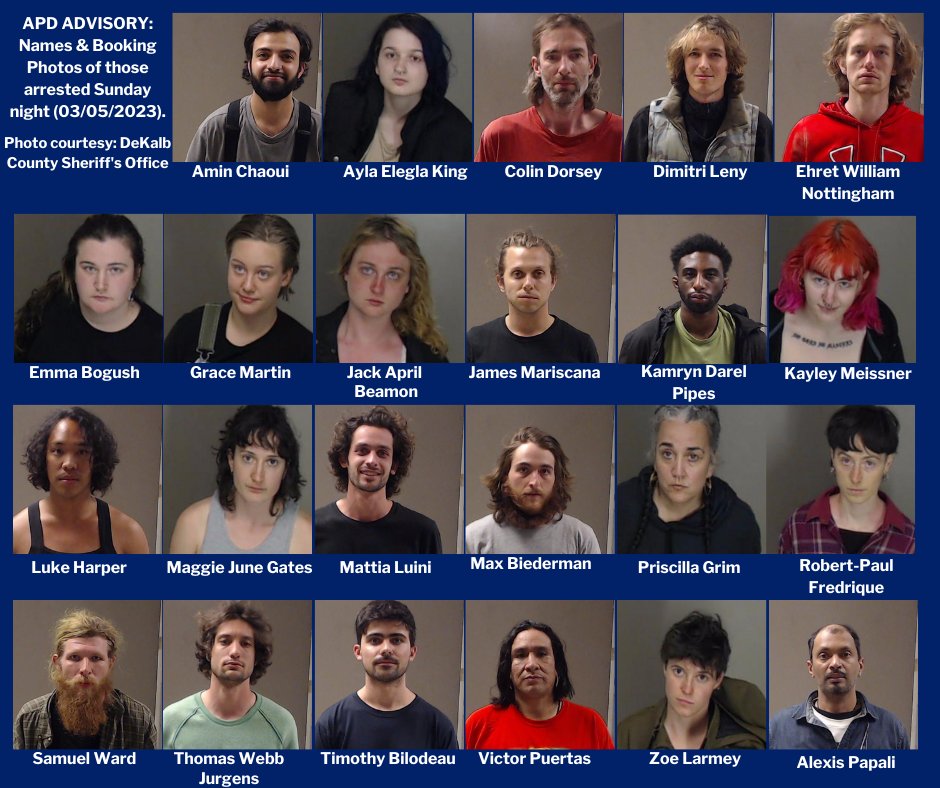 MrAndyNgo's tweet photo. Breaking: Atlanta Police have released photos of the 23 suspects charged with domestic terrorism over the far-left ambush on police on March 5 in an attack connected to an #Antifa affinity group. Almost all of them are from out of state, with two coming from France and Canada. https://t.co/XTDDOXeLZ7