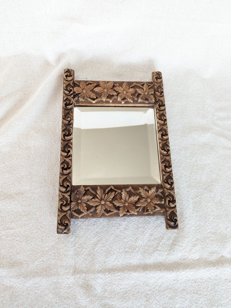 Antique Wood and Gesso, Beveled Mirror - New Backing Board - 11 1/4' x 7 1/4' x 1' - Leaves, Branches, Swirls Pattern etsy.me/3yljp4U #brown #missioncraftsman #wall #smallmirror #woodgessomirror #etsy #rectangularmirror #antiquemirror #beveledmirror #smallbevel