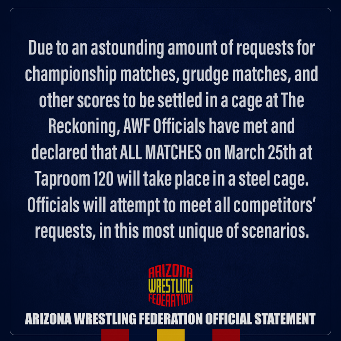 prowrestlingaz's tweet photo. From the AWF Officials… #awfreckoning | TICKETS: https://t.co/aCf0NbDFKE

#prowrestling #arizona #awf #luchalibre #sports #thingstodo #POTD #gilbert #beer #fun #announcement #official https://t.co/4F024oe1P4