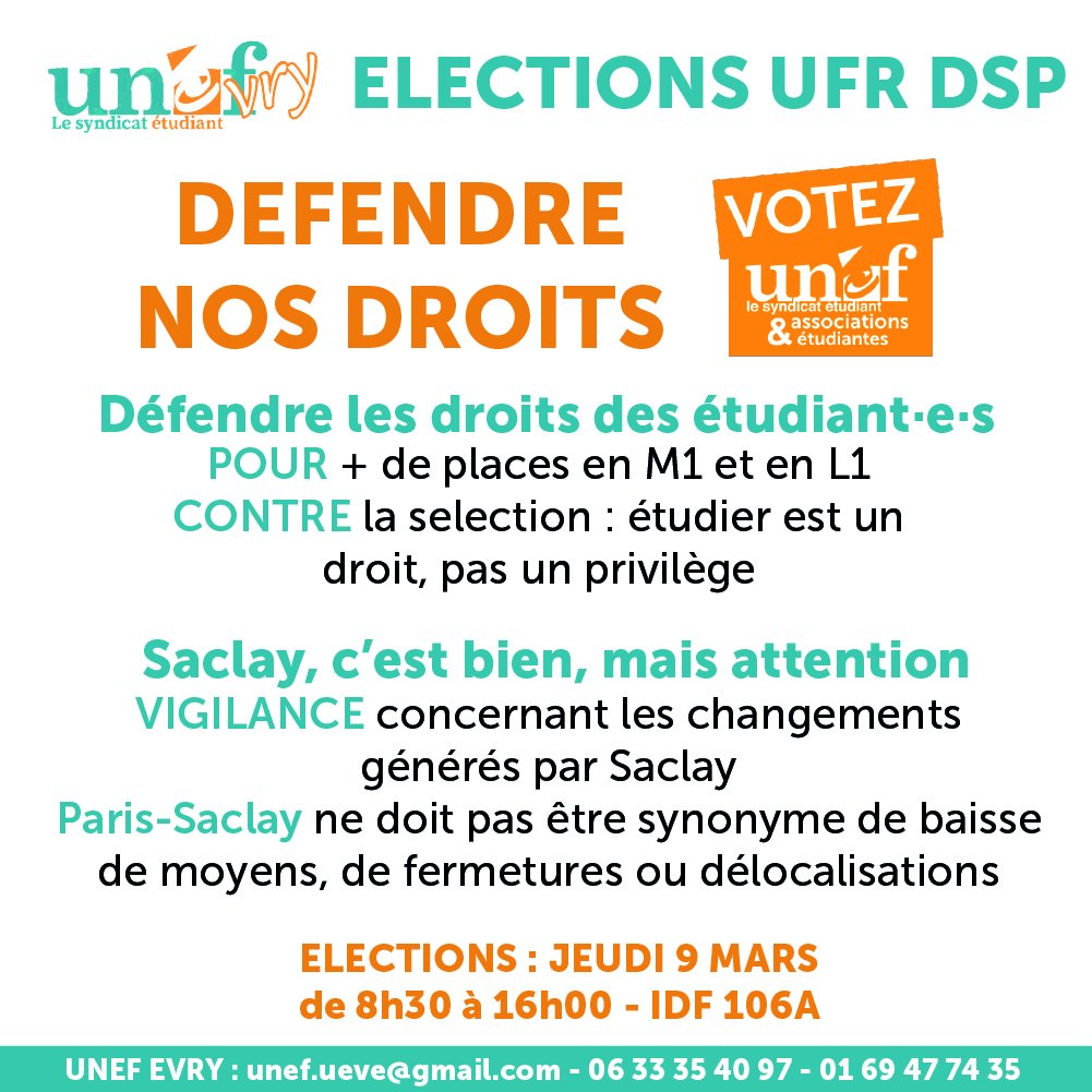 UnefUeve's tweet photo. ELECTIONS UFR DSP
Jeudi 9 mars ont lieu les élections de l'UFR DSP. Pour la défense de nos droits d'étudiants, votons UNEF et associations étudiantes en masse. #NonALaSelection #NonALaPrecarite #VotezUNEF #univevry https://t.co/nxcGvNaOx2