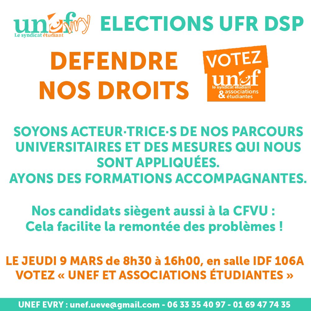 UnefUeve's tweet photo. ELECTIONS UFR DSP
Jeudi 9 mars ont lieu les élections de l'UFR DSP. Pour la défense de nos droits d'étudiants, votons UNEF et associations étudiantes en masse. #NonALaSelection #NonALaPrecarite #VotezUNEF #univevry https://t.co/nxcGvNaOx2