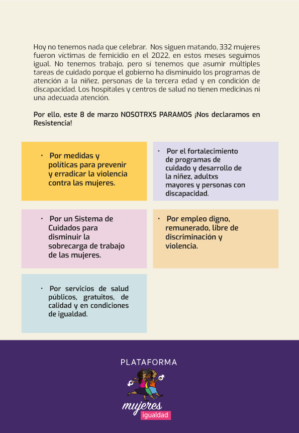 Este #8M no celebramos, #NosotrxsParamos para retomar la lucha de grandes mujeres por alcanzar nuestros derechos, y rechazamos todo acto de violencia y discriminación.
#NoMásViolencia #ParoFeminista 💜✊🏼

Descarga nuestro manifiesto completo aquí 💜: 
🔗 cutt.ly/Y8AsWvv