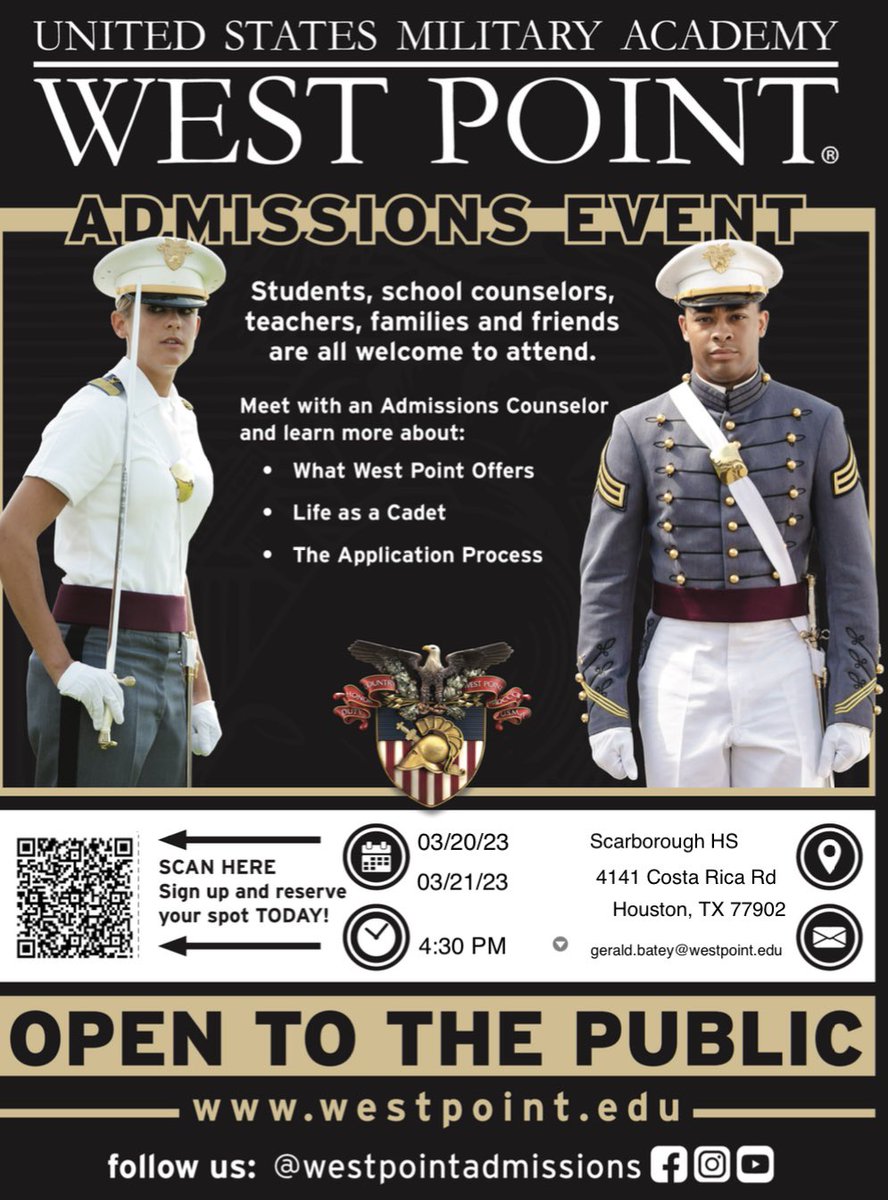 Our principal approved to host the West Point Engagement at Scarborough High School on the 20-21 March 2023! Sign up on the QR Code to come to the 2 day event if you are interested attending to go to West Point! GO SPARTANS!💪🏼

#westpoint #army #freecollege