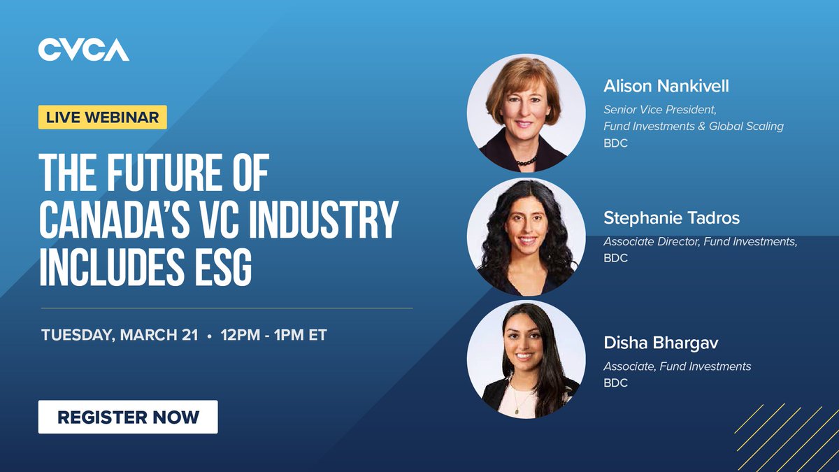 <a href="/BDC_Capital/">BDC Capital</a> recently launched a national ESG reporting template for Canadian VC and mid-market private equity firms. Join us on March 21 as <a href="/alisonnankivell/">Alison Nankivell</a> and panelists discuss and guide attendees through the new framework: lnkd.in/gndmHeRU