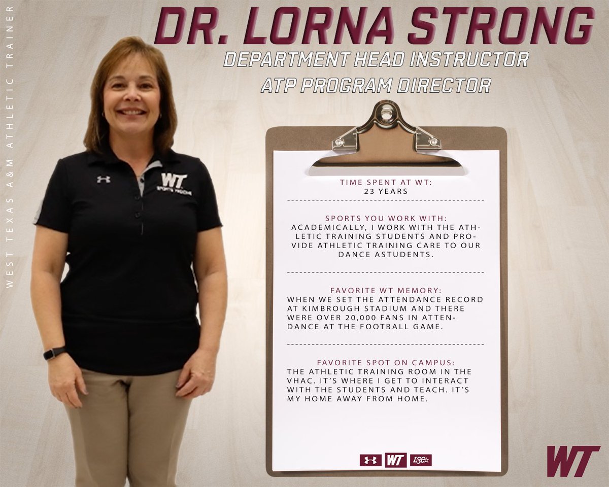 WTAMUBuffs's tweet photo. This National Athletic Training Month we’d like to thank all our Athletic Trainers who work endlessly to ensure quality care to our students and student-athletes. 

Featured this week:

Dr. Lorna Strong, E.d, LAT, ATC 

#BuffNation | #NATM https://t.co/oMYbXtlfRF