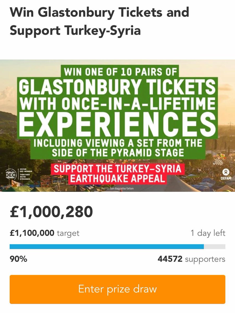 I’m completely knocked out to reach £1million in our Turkey/Syria DEC raffle.Thank you to every single person who has donated and played a part for such a desperately important cause. As ever, the support of festival goers is so inspiring and makes it all worthwhile