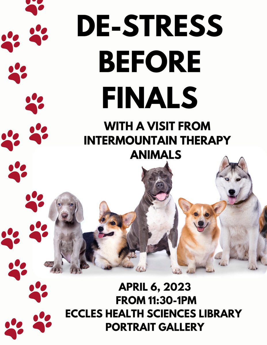 UofUMLS's tweet photo. One month from today! This event is open to all MLS and School of Medicine students. Come pet and relax with some furry volunteers. https://t.co/cVWbtzvDJ0