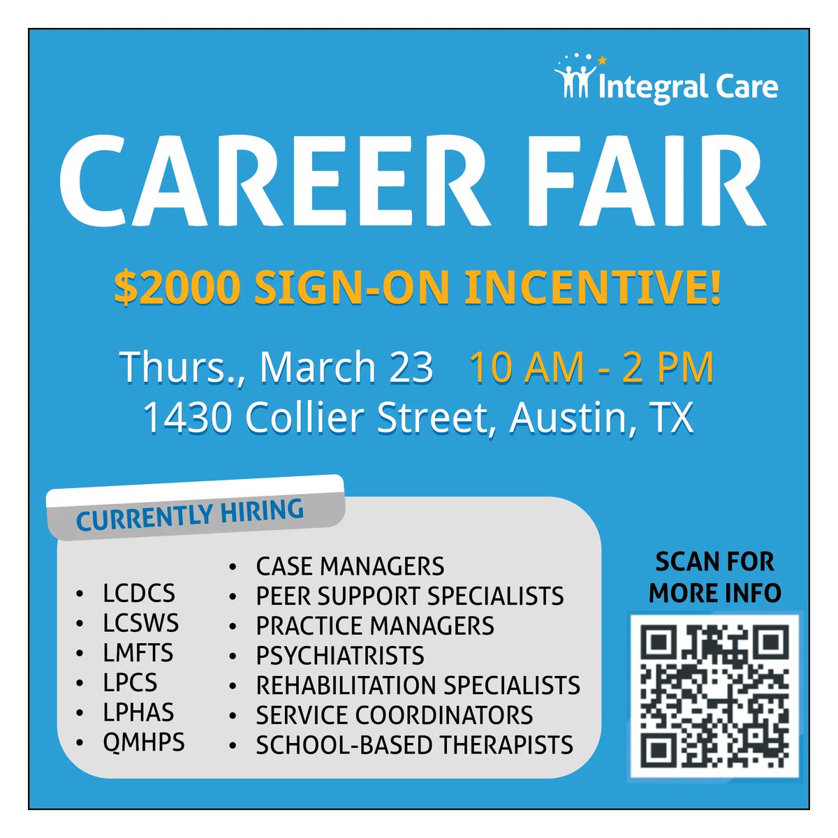IntegralCareATX's tweet image. Are you interested in making an impact in #TravisCounty? Join the leading LMHA in Texas! We're hosting a career fair on March 23rd from10am-2pm. Stop by to explore our current openings and talk with our team. Learn more about our open positions: integralcare.org/en/careers/