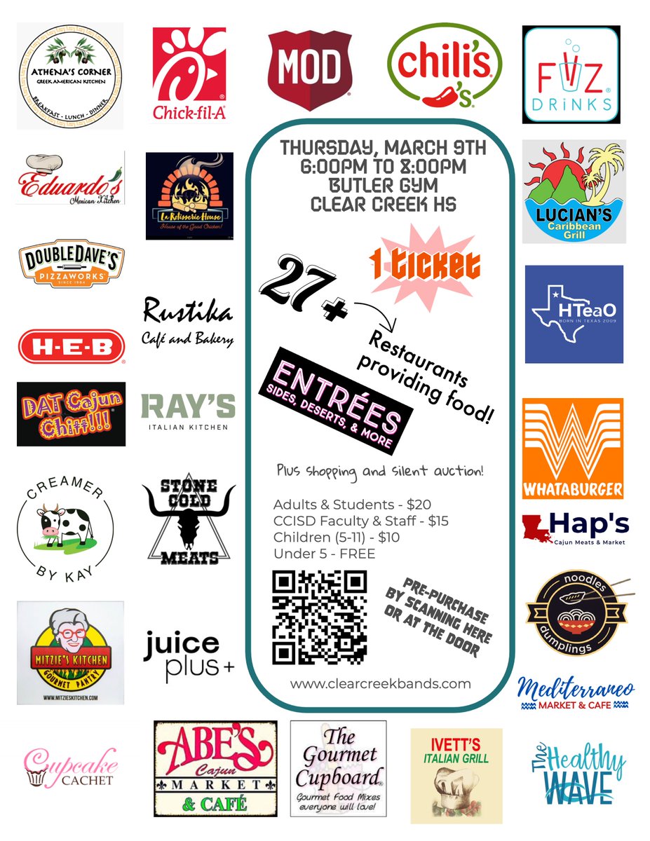 Lots of @LeagueCityTX restaurants and vendors are participating in the first annual Taste of Creek on March 9th from 6pm to 8pm at Clear Creek High School! Great food and fun while supporting CCHS Band Students! @CCISD_VPA @ClearCreekISD @CreekWildcats clearcreekbands.com/taste-of-creek…