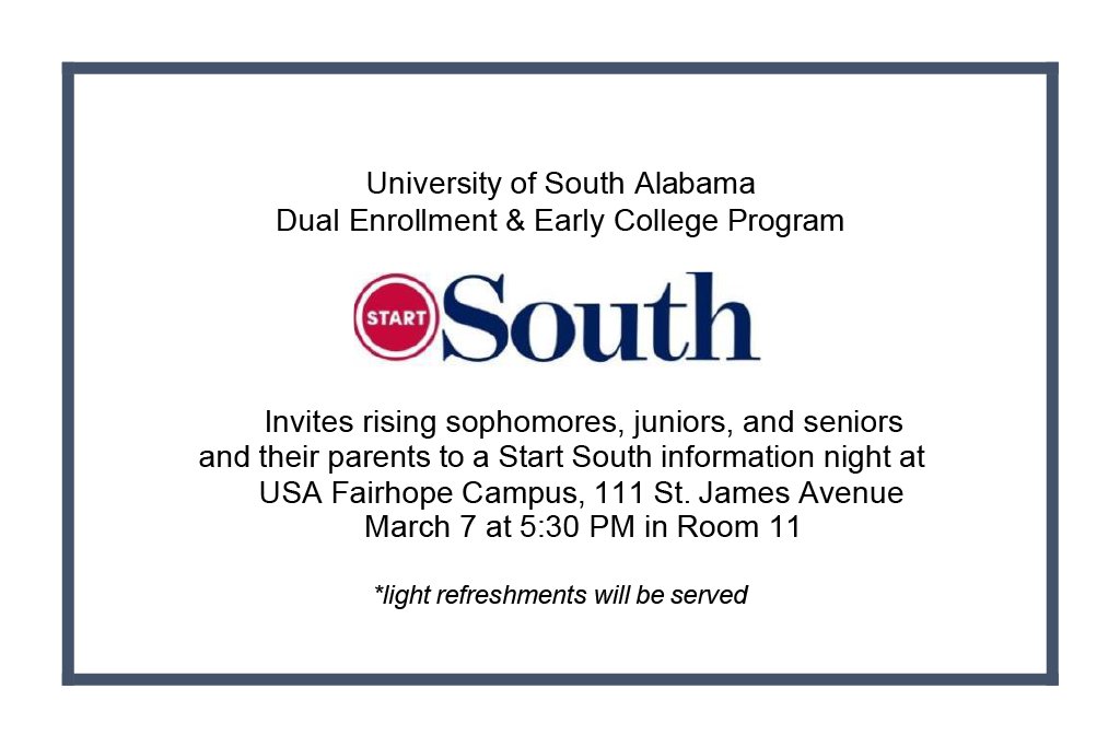 Today's the day to find out how to Start South with #dualenrollment. Join us this evening @USABaldwin