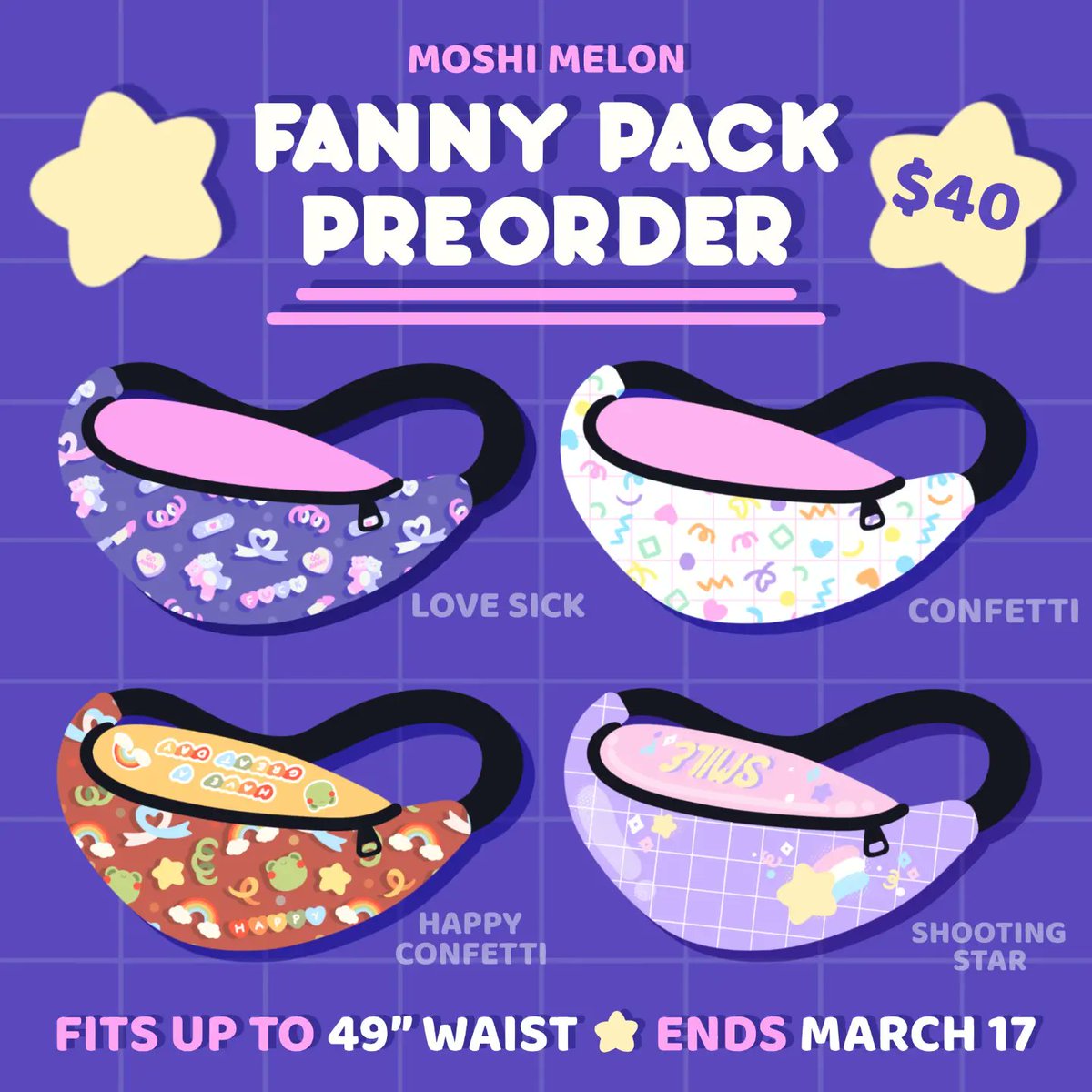✨️Fanny Packs Preorder Now Open✨️
❤️ fits up to 49' waist/hips 
🧡 adjustable strap w/buckle
💛 easy to clean fabric
💚 open till 3/17 @ 11:59PM EST
💙 estimated shipping mid May

moshimelon.com/product-catego…

#fairykei #jfashion #fannypacks #mehera #pastelaesthetic