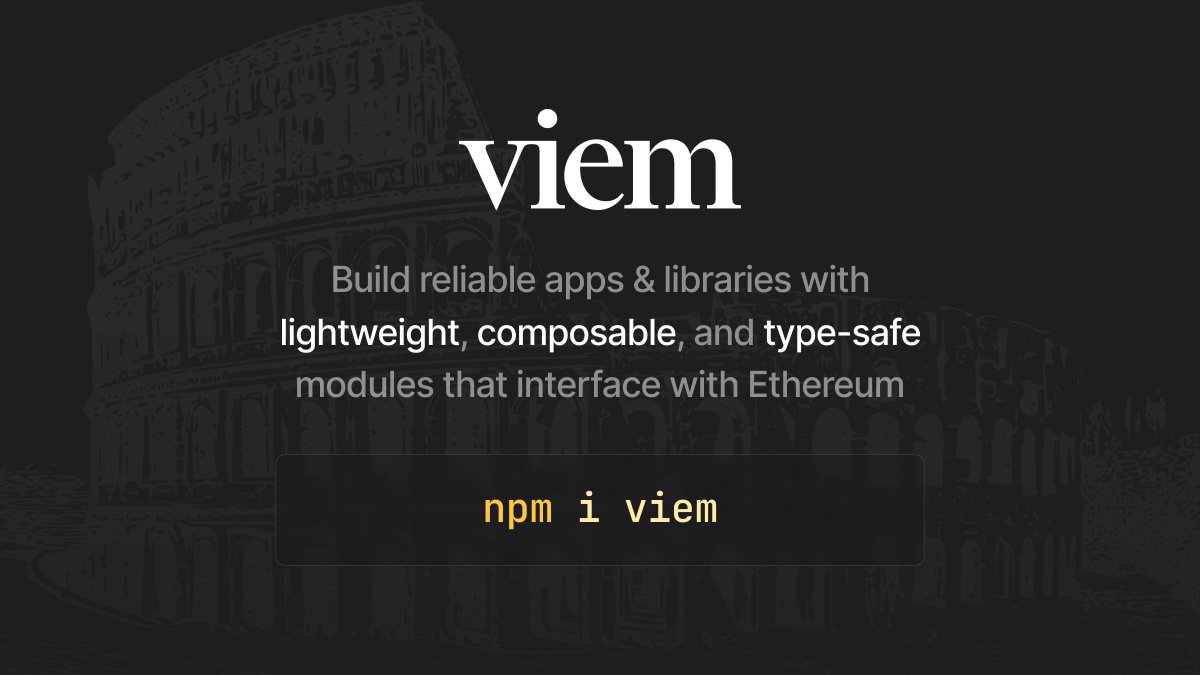 🚨 Introducing viem – a TypeScript Interface for Ethereum with a focus on stability, developer experience, bundle size, and performance. An alternative to Ethers.js & web3.js. ↳ viem.sh