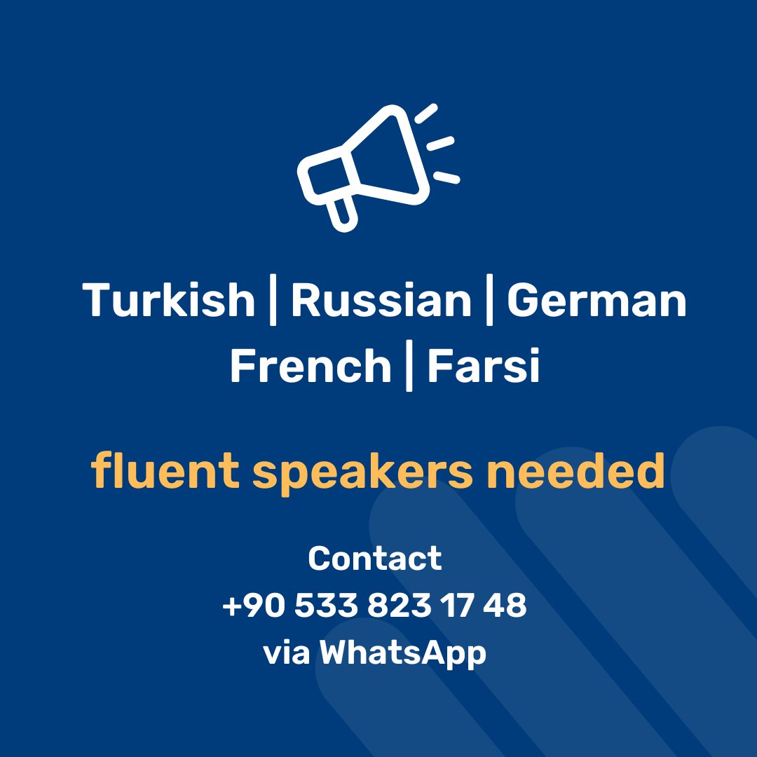 We are looking for fluent speakers in these languages for translation work: Turkish, Russian, German, French and Farsi. Contact us at +90 533 823 17 48 via WhatsApp.

#french #turkishlanguage #german #russian #farsi #turkish