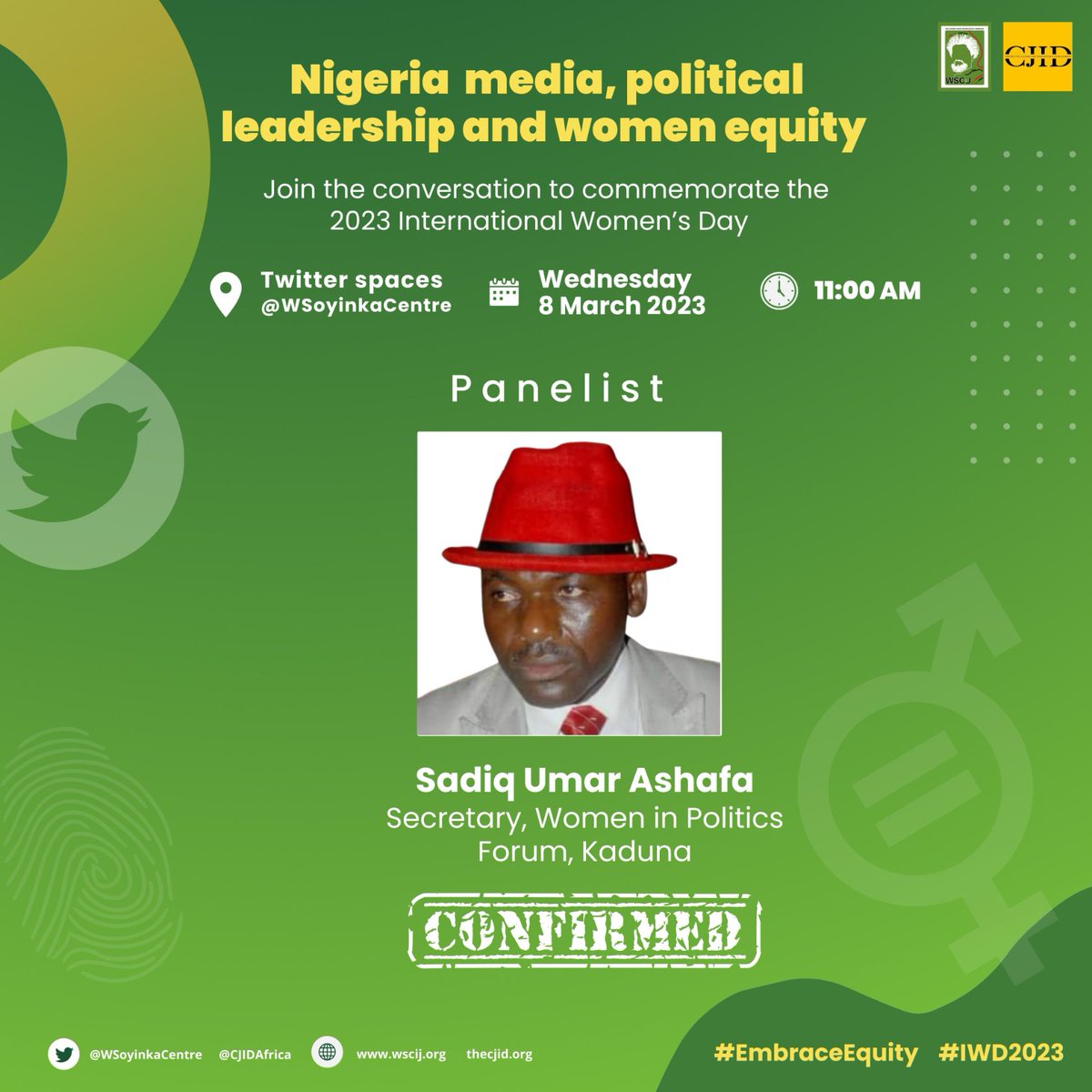 Care to know more about how you can take advantage of existing opportunities for women in politics and join  community of women within the political space?
Join Sadiq Ashafa, Secretary of <a href="/wipfng/">Women in Politics Forum</a> on Wednesday, 8 March 2023 on Twitter Spaces hosted by <a href="/WSoyinkaCentre/">Wole Soyinka Centre</a> &amp; <a href="/CJIDAfrica/">Centre for Journalism Innovation and Development</a>