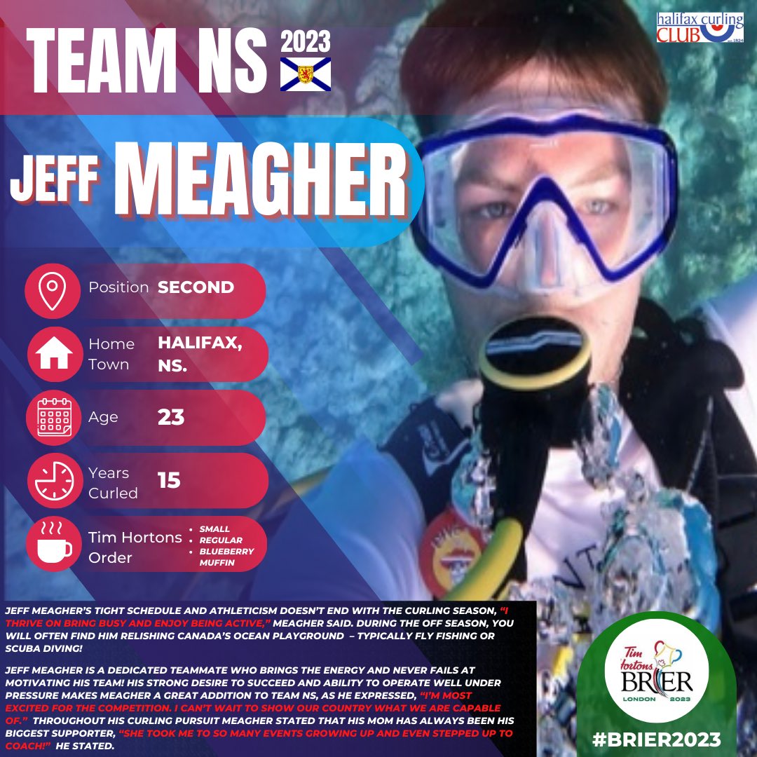 NSCurl's tweet image. Meet Team Nova Scotia’s second, Jeff Meagher!! 🤩💯🤿🎣

#brier2023 #playerprofile