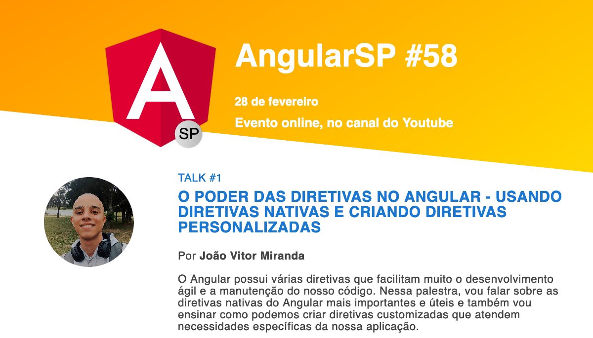 AngularSP's tweet image. * IMPORTANTE *
Fala Galeera!
Nosso meetup da semana passada foi adiado para hoje às 19h no YouTube!!!
Então se prepare, que teremos temas SENSACIONAIS pra vocês!
Só relembrando, a nossa primeira palestra será com João Vitor falando sobre o Poder das Diretivas no Angular!