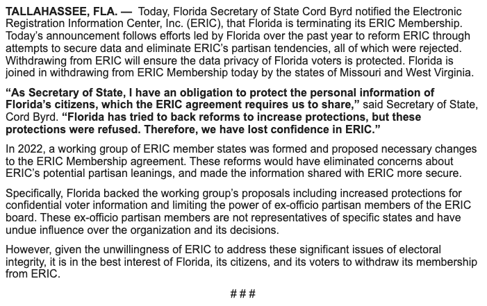 Inbox: Florida Department of State Withdraws From
Electronic Registration Information Center (ERIC) Amid Concerns About Data Privacy and Blatant Partisanship