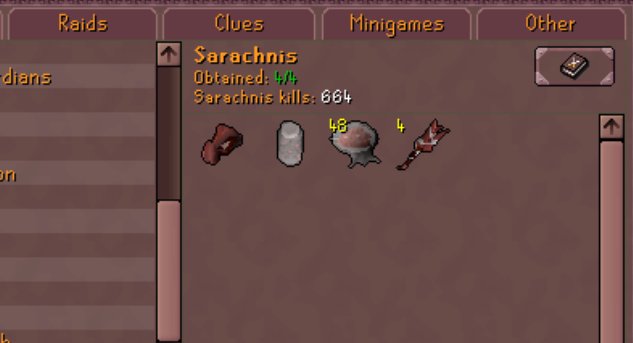 vMCoco9833's tweet image. Sarachnis Completed kc664 #osrs #collectionlog