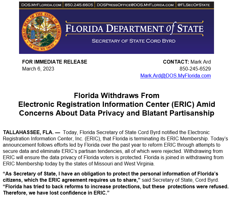 FLSecofState's tweet photo. PRESS RELEASE: Florida Withdraws From Electronic Registration Information Center (ERIC) Amid Concerns About Data Privacy and Blatant Partisanship.  More Info: https://t.co/JvgcOaORjD https://t.co/0Z3qFvG5Gp