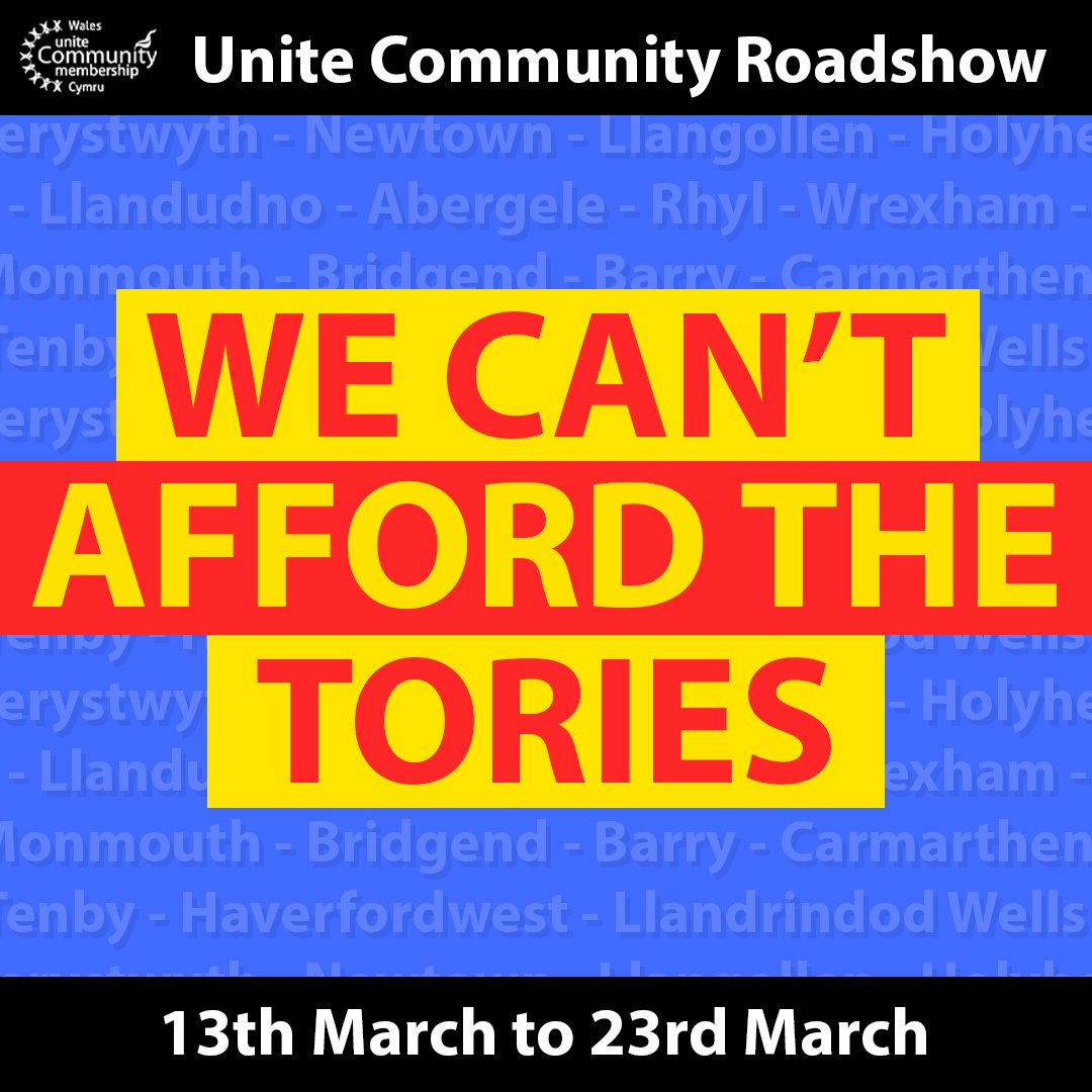 🚘 WE CAN'T AFFORD THE TORIES ROADSHOW 🚘 Starting on Monday 13th March, our @Unite_Community members will be travelling around Wales to highlight the damage the Tories are inflicting on our local communities. More details will be released soon.... #CantAffordTheTories