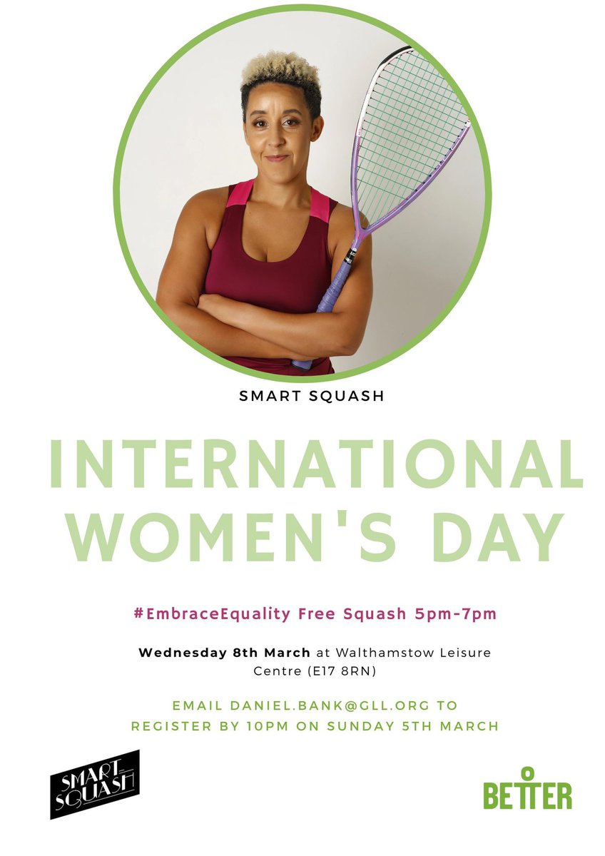 8th March is a big day and there are still places on our celebratory 2 hour free squash session from 5pm-7pm. Walthamstow Leisure Centre provide the equipment and you just need to let us know when you can join. Coach supplied by @Smart_squash