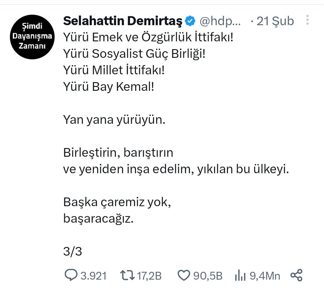 HDP Genel Başkanı Mithat Sancar: Kemal Kılıçdaroğlu ile herhangi bir pazarlığımız veya kendisinden herhangi bir talebimiz olmayacak. Sadece demokrasi ve adalet istiyoruz. O yüzden kendisini destekleyeceğiz.

#14MayıstaGereğiniYapacağız