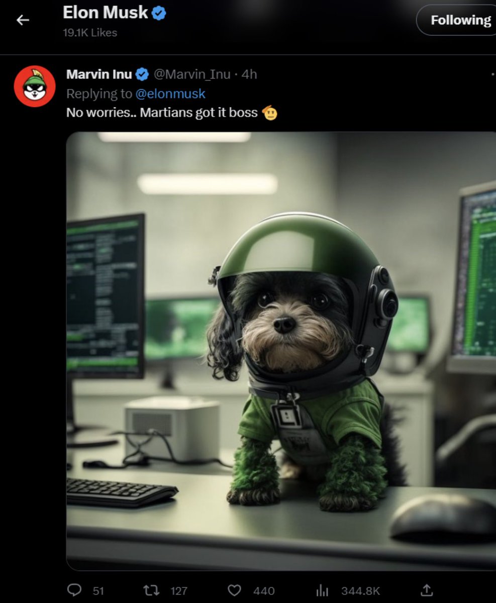 Hope ya'll are still holding your $MARVIN tight.

Elon got his eyes firmly on this doggo right now with 2 likes on their posts recently 👀

The #Marvinauts always bringing the noise, they too hard to ignore! 

dextools.io/app/en/bnb/pai…

#Marvin