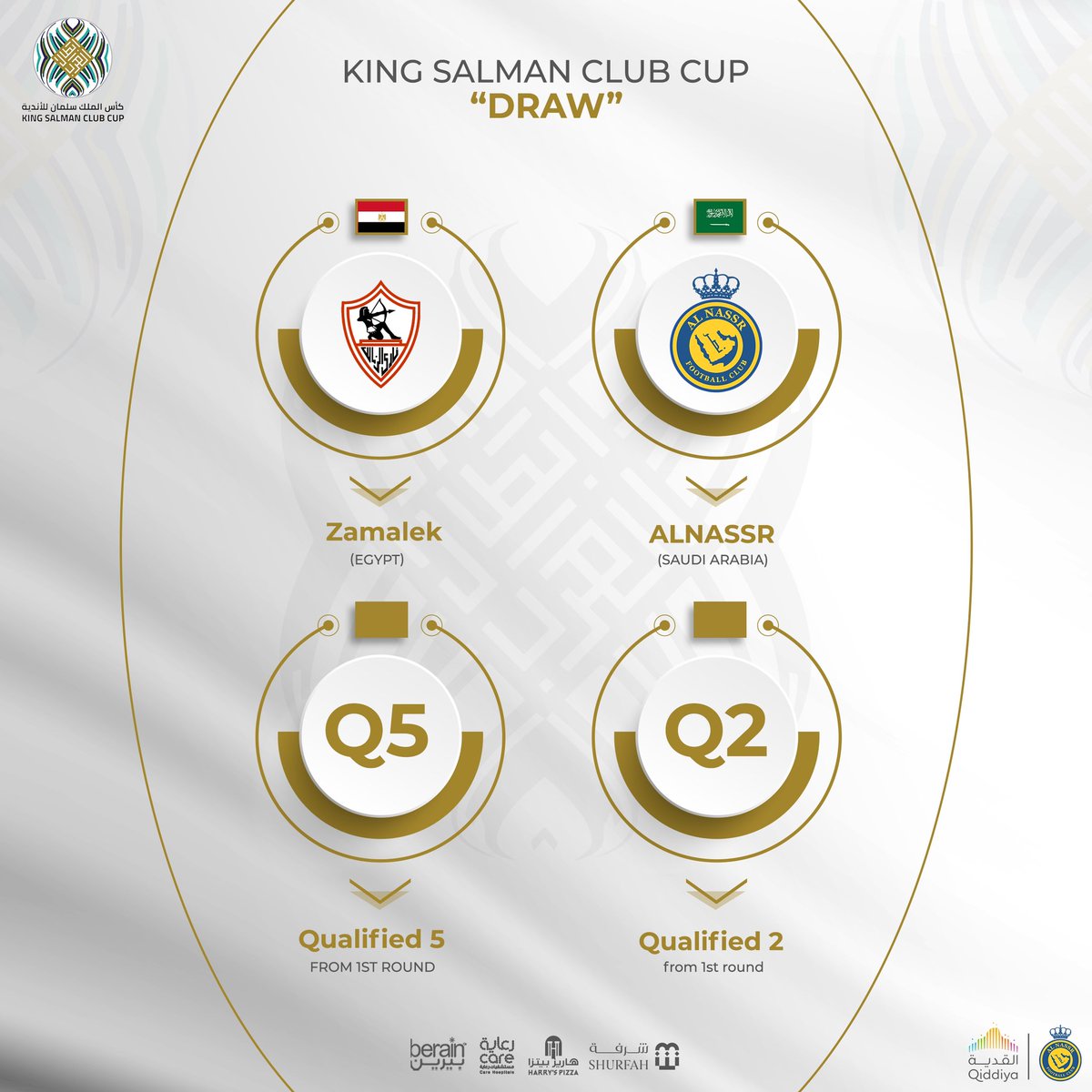 AlNassrFC_EN's tweet photo. 🗳 || King Salman clubs cup draw : 

Group C
🇸🇦 AlNassr FC
🇪🇬 Zamalek SC 
🏳️ Q2
🏳️ Q5

Best of luck to our stars 💛 https://t.co/NgY0dP1vbD