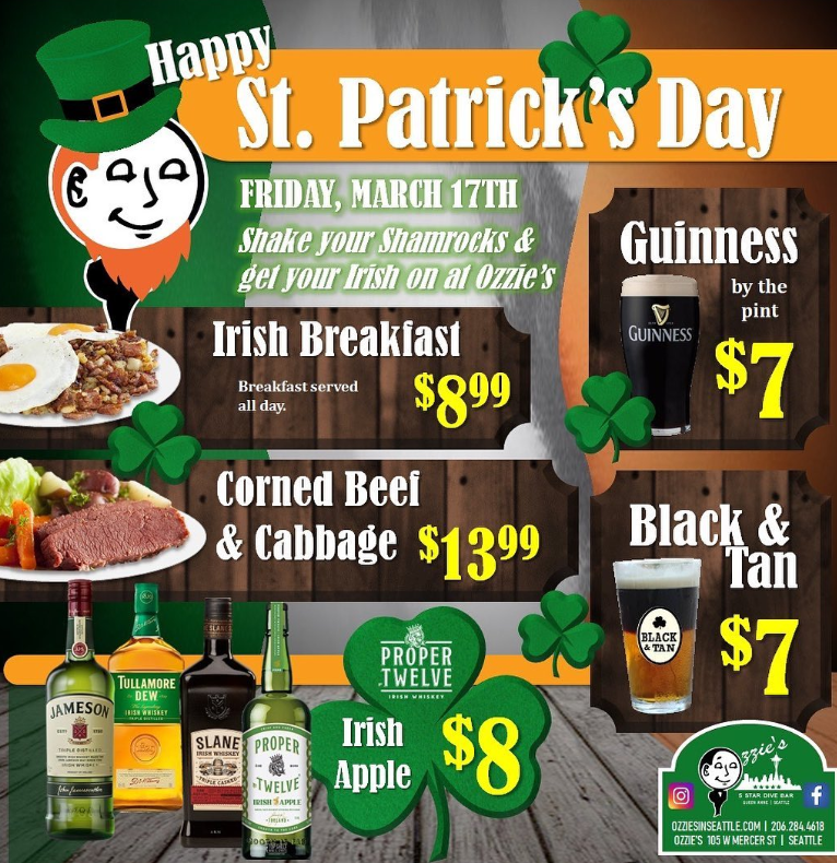 EatGuideSeattle's tweet image. 🍀 Join us at Ozzies in Seattle for a day on March 17th, filled with green beer, delicious food, and live music. 🎶

 Don't miss out on the fun and come celebrate with us! 

#TheEatGuide #StPatricksDay #Seattle #Ozzies #GreenBeer #LiveMusic 🍻