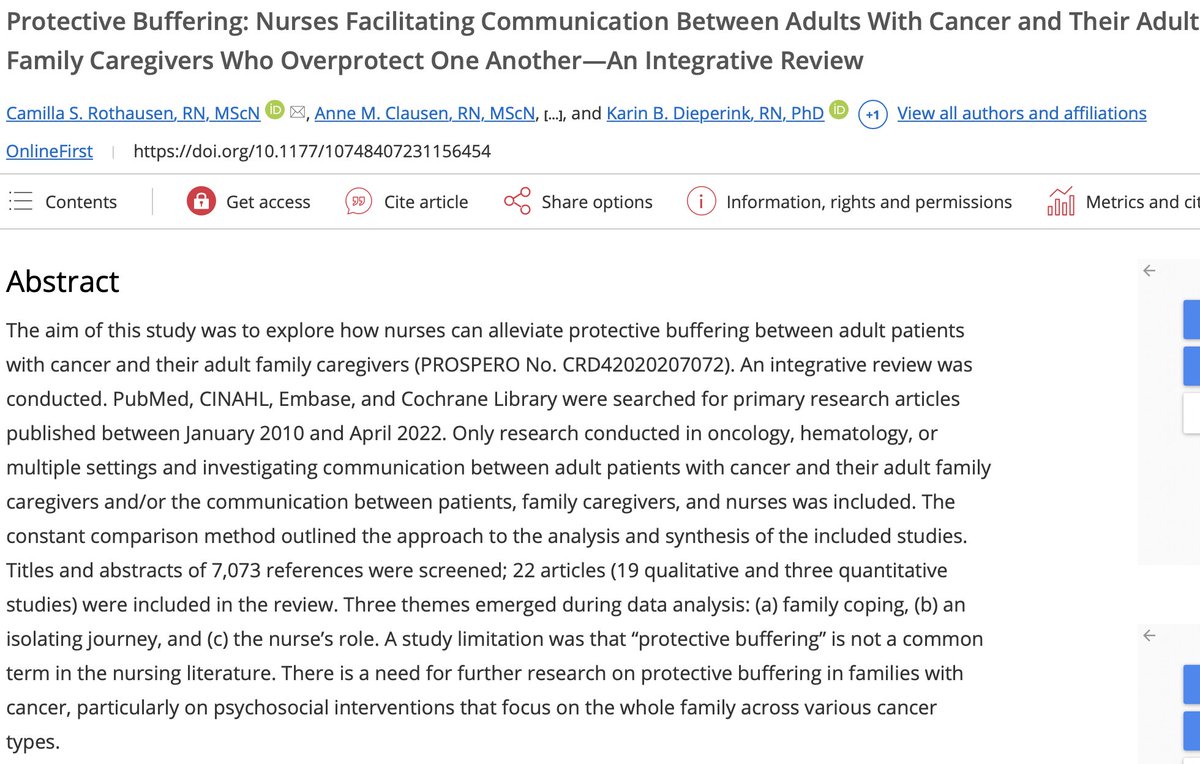 NEW: Rothausen CS et al., Protective Buffering: Nurses Facilitating Communication Between Adults With Cancer and Their Adult Family Caregivers Who Overprotect One Another—An Integrative Review. Journal of Family Nursing.  doi:10.1177/10748407231156454 #FamilyNursing #Familyhealth
