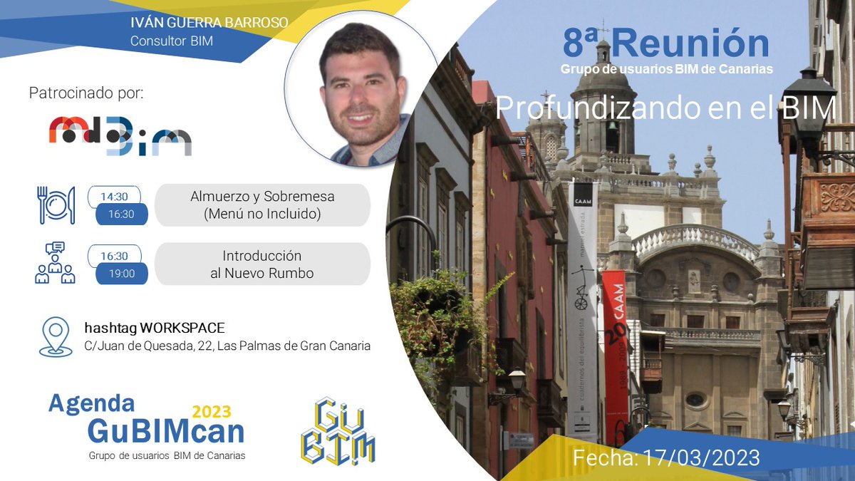 Viernes 17 de 14:30 a 19:00 en Las Palmas, comida+reunión del grupo de usuarios #BIM de #Canarias.

Vamos a hablar de como empezar a colaborar en BIM con otras empresas (IFC pragmático, mini-BEP, CDE low-cost...)

Si quieren venir manden mensaje privado y los agregamos al grupo.