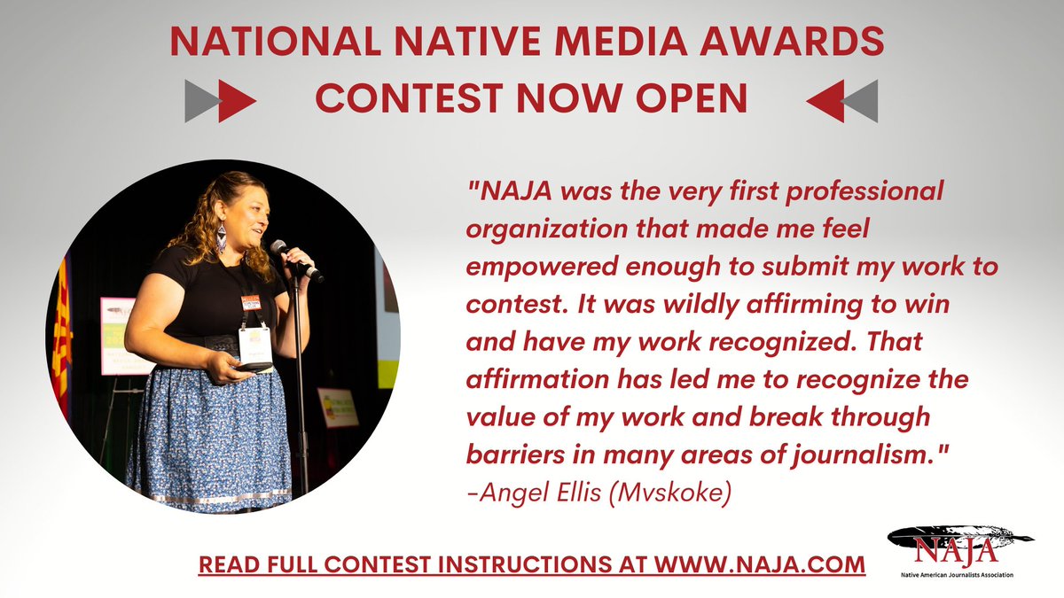 🏆 NAJA is accepting National Native Media Awards through 3/31. NAJA will recognize outstanding coverage of Indigenous communities through the National Native Media Awards during the 2023 National Native Media Conference in Winnipeg Aug. 10-12. - tinyurl.com/NNMA2023