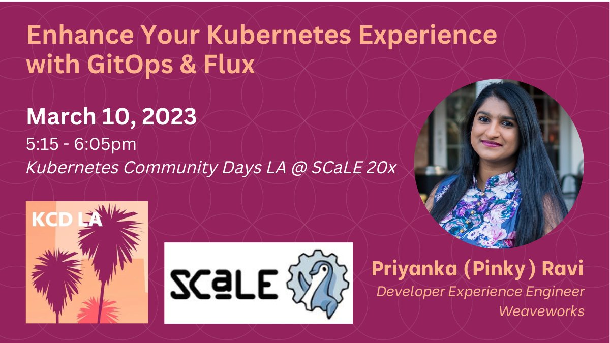 Don't miss our very own @PinkyyRavi at #KCDLA in conjunction with the @SoCalLinuxExpo conference in Pasadena, CA.Pinky will walk through & demo several tools to enhance & extend @FluxCD & #Kubernetes.

March 10, 2023 @ 5:15pm bit.ly/3J8sXGL