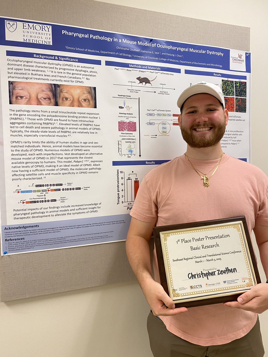 Chris Zeuthen, an amazing undergraduate student in my lab, was awarded 1st place for a poster presentation in Southeast Regional Clinical and Translational Science Conference! Congratulations!!